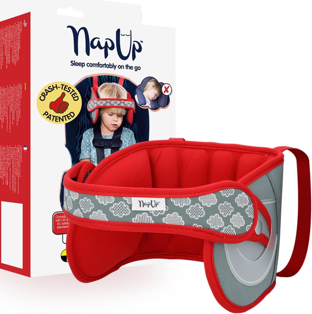 NapUp Adjustable Head Support for Car Seat Patented & Crash-Tested Anti-Bobbing Head Holder Strap, Comfortable Sleep Solution - Breathable Fabric, Kids Travel Accessories - Ages 2+ - Red