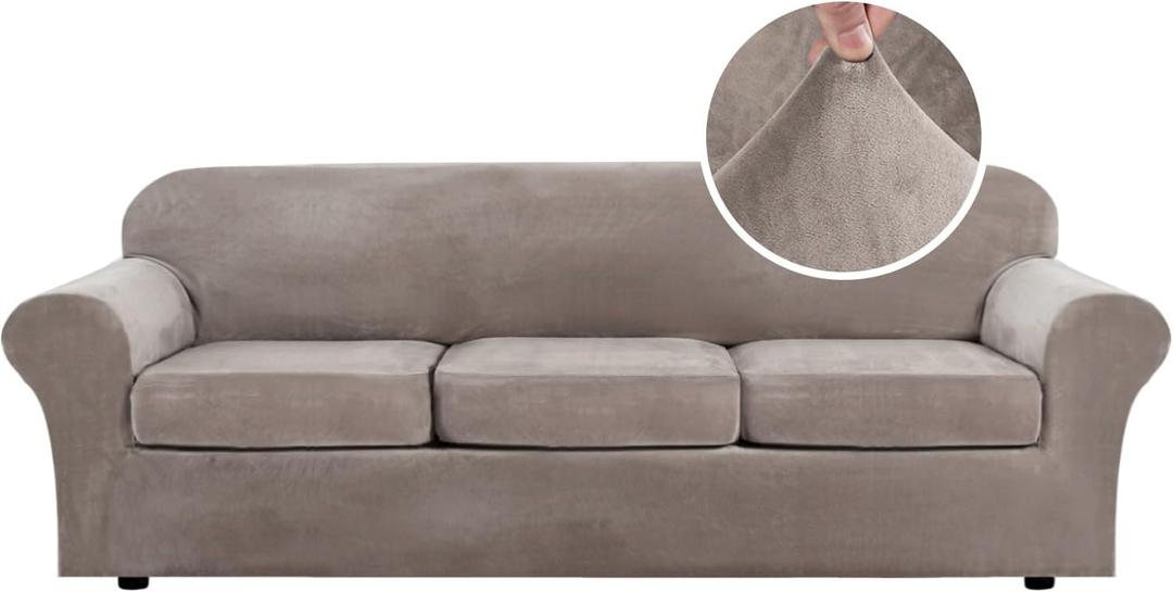H.VERSAILTEX Velvet 4 Piece High Stretch Sofa Slipcover Cover Furniture Protector Form Fit Luxury Thick Velvet Extra Large Sofa Cover for 3 Cushion Couch Width Up to 97 Inch (XL Sofa, Taupe)