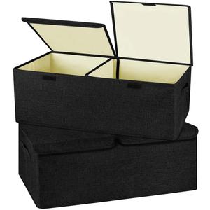 2 Pack Large Linen Fabric Collapsible Storage Bins with Lid and Handles, Washable Storage Box Baskets Cube with Removable Divider for Bedroom,Closet,Office,Living Room,Nursery (Black, Small)