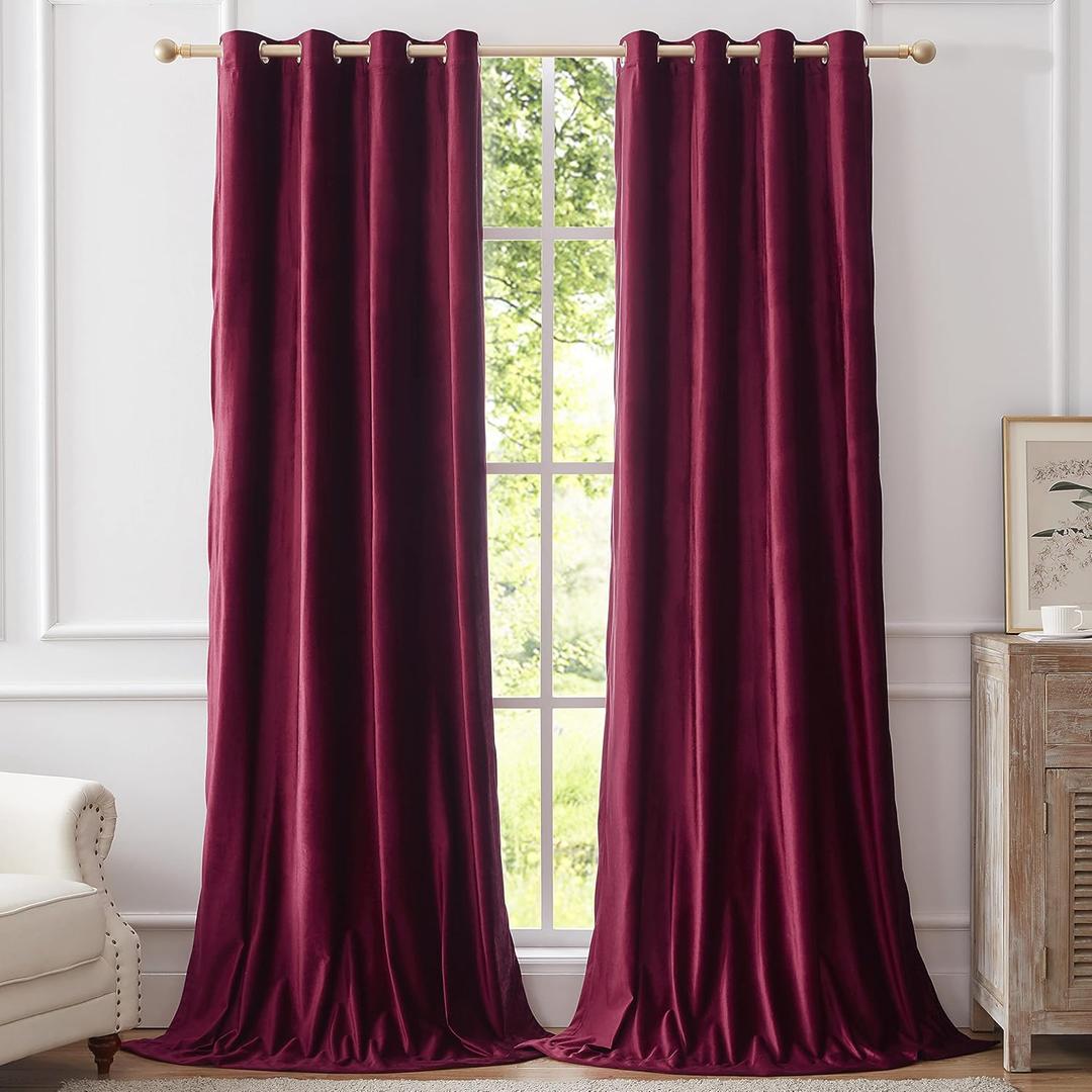 BULBUL Burgundy Curtains 108 inch Length- Living Room Red Velvet Blackout Window Drapes Curtain Thermal Insulated Room Darkening Decor Grommet Curtains for Bedroom Set of 2 Panels