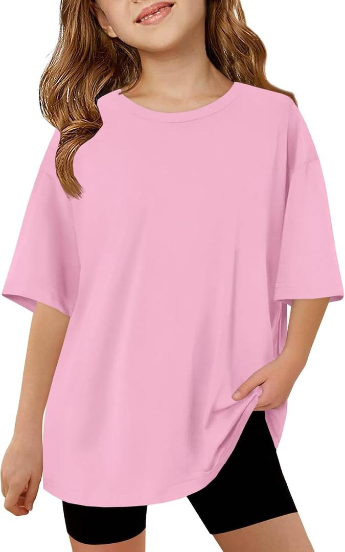 ZDC Girls Short Sleeve T Shirts Kids Summer Oversized Tops Trendy Crewneck Basic Tees 5-14 Years (Pink)