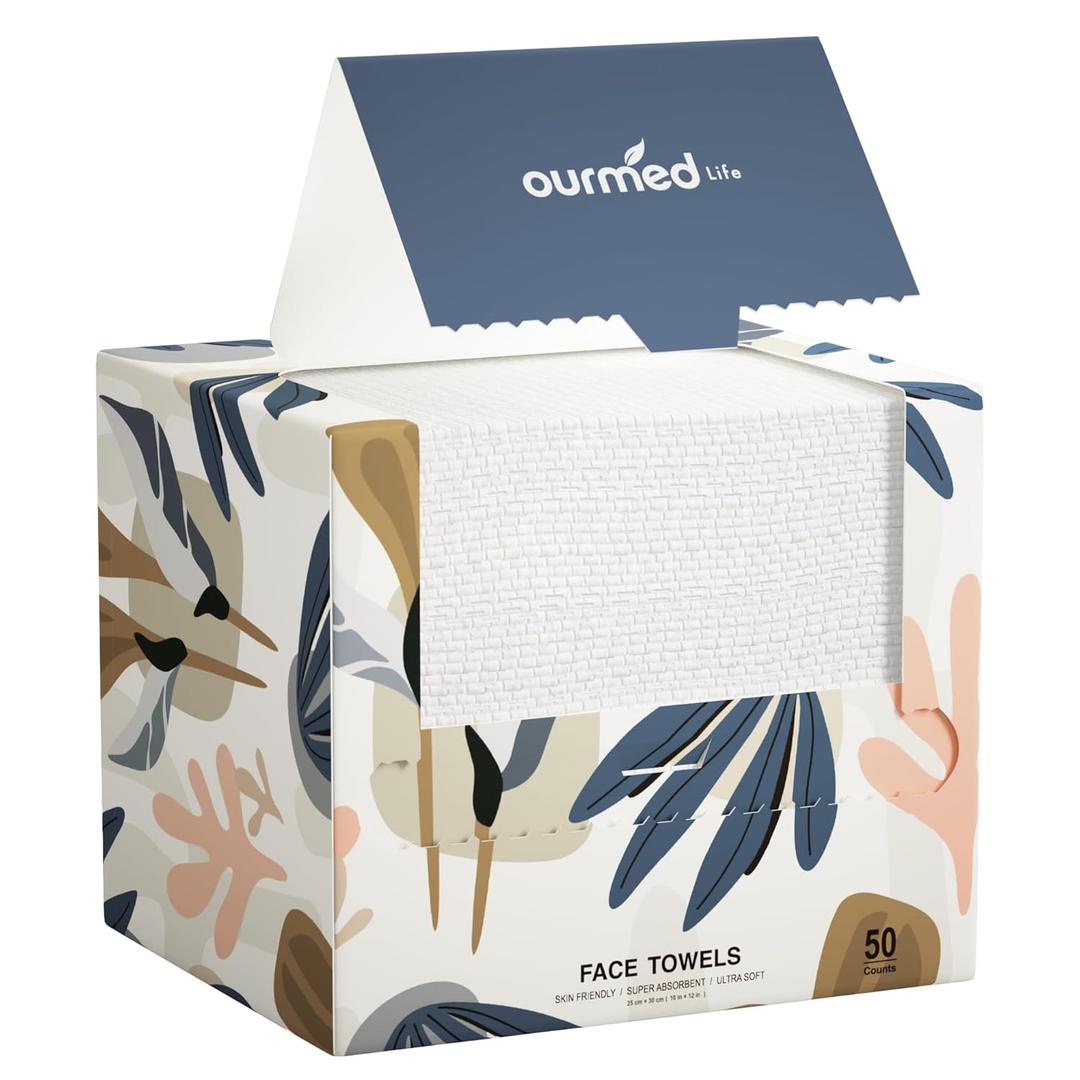 Ourmed Life Face Towels, Disposable Biodegradable Facial Towels for Sensitive Skin, Lint- free Face Wipes for Washing Face, Skincare and Makeup Remover, Dry Wipes, 10"×12" Extra Large, 50 Count