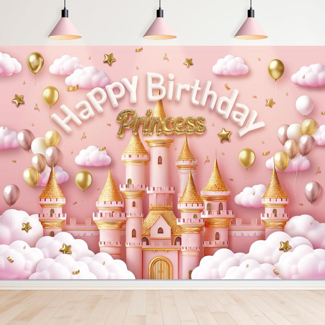 Princess Castle Backdrop 7Wx5H Photography Pink Goleden Balloons Pastel Cloudy Sky Cute Lovely Fantasy Pretty Beautiful Background Girly Party Decorations Banner Photo Booth Props Supplies