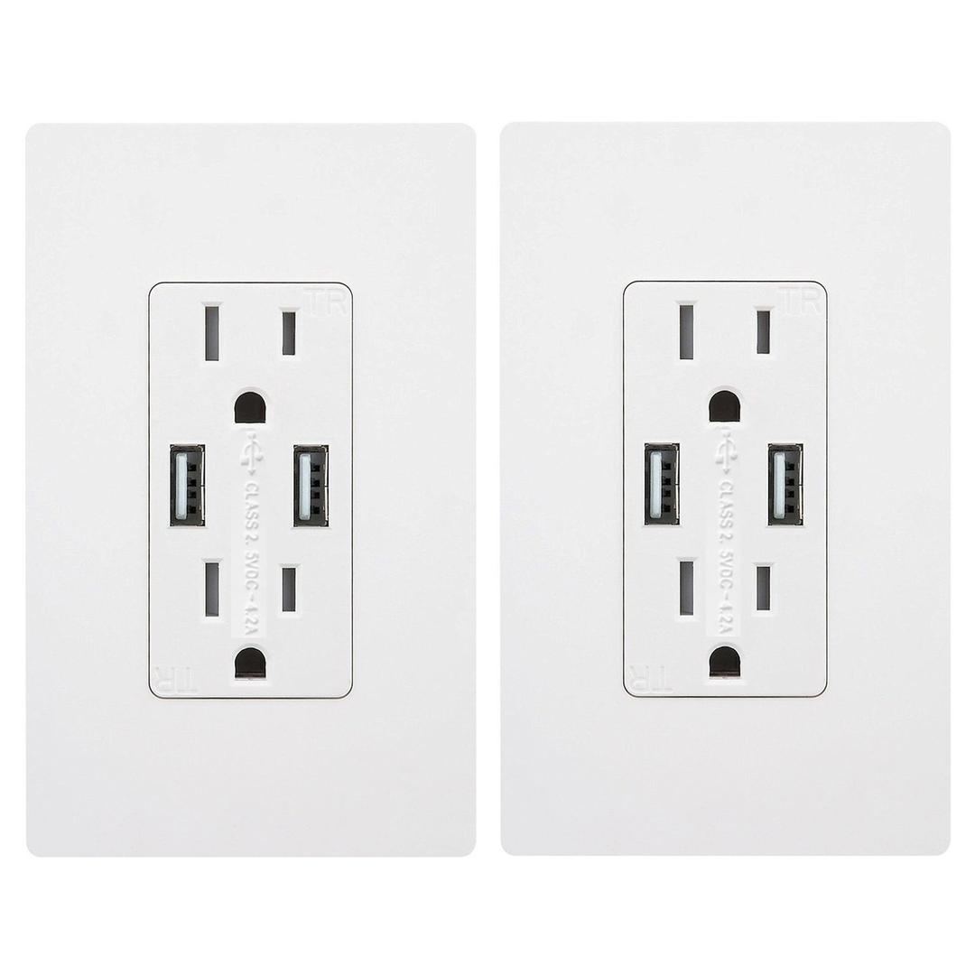 Outlet with USB High Speed Charger 4.2A Charging Capability,Duplex Receptacle 15 A, Tamper Resistant Wall Socket USB Outlet,Child Proof Safety,Screwless Wall Plate,White (2 Pack)