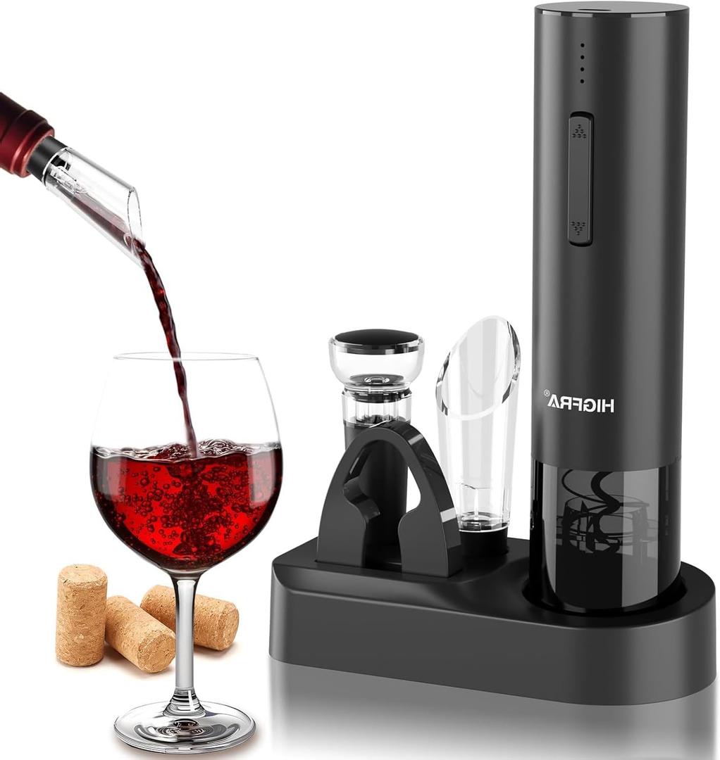 Electric Wine Opener Gift Set  Rechargeable Automatic Corkscrew with Aerator, Vacuum Seal Stoppers, Foil Cutter & Storage Base  6-in-1 Wine Bottle Opener Kit for Wine Lovers, Women & Men