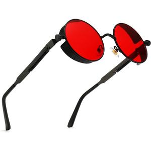 Polarized Steampunk Sunglasses, UV Protection, Metal Frame, Outdoor Circle Shades (Red)