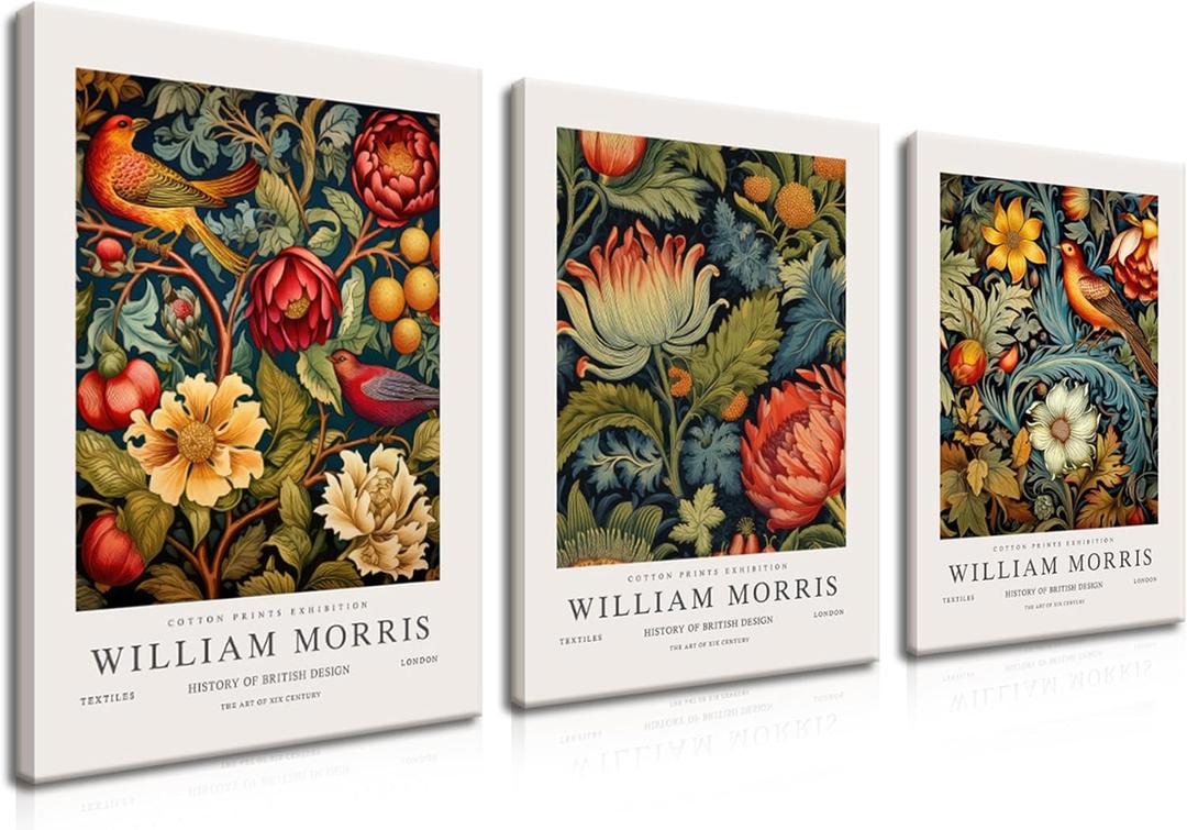 William Morris Canvas Wall Art Set of 3, Vintage Flower and Bird Animal Poster Print Wall Decor Aesthetic, Artist Canvas Painting Flower Wall Art for Bedroom Home Living Room Wall Decor - Framed (Canvas 16x24 in)