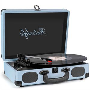 Portable Suitcase Record Player, 3-Speed Belt-Driven Vinyl Turntable with Bluetooth, Built-in Speakers, RCA Line Out, AUX, Headphone Jack, Vintage Haze Blue