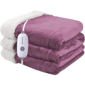 Heated Blanket Electric Throw Size 50''x60'' with 5 Heating Levels, 3 Hour Auto Shut Off, Machine Washable, Flannel & Sherpa Double-Sided Soft Warming Blanket for Couch, Bed, Office - Purple