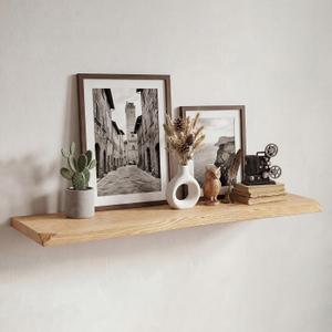 48 Inch Floating Shelves for Wall Decor, 88lbs Solid Spruce Wood Live Edge Floating Shelves, 8" Deep Rustic Wall Shelf for Bathroom Kitchen Bedroom Living Room, Invisible Bracket, Natural(Set of 1), 48nches