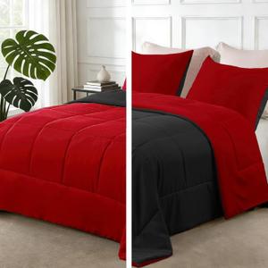 Lightweight Reversible Full Size Comforter Set, Down Alternative Comforter with 2 Pillow Sham, Full Size Bedding Set for All Seasons, Red/Black