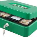 KYODOLED Large Lock Box with Money Tray,Storage Cash Box with Lock,Safe Metal Box for Money,9.84"x 7.87"x 3.54" Green Large