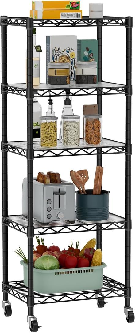 Golpart Small 5 Tier Shelves Storage Wire Shelving Unit Metal Shelf Adjustable Organizers Storage Shelving with Wheels for Bathroom Laundry Room Kitchen Pantry12D x 18W x 57.2H Black