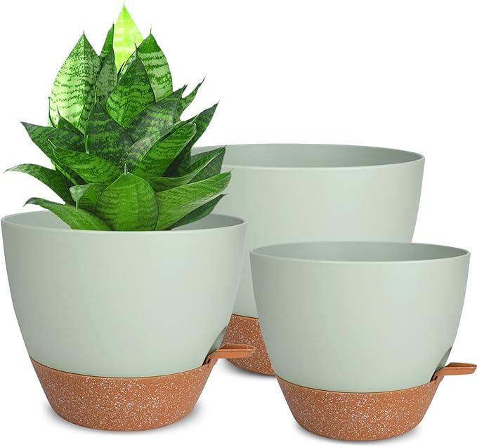 Planters for Indoor Plants, 10/9/8 Inch Self Watering Plant Pots with Drainage Hole, Plastic Planters Flower Pots for Indoor Outdoor Plants (Green)Color: Green-3pack,  Mkouo Macrame Plant Hangers Indoor Hanging Plant Basket Flower Pot Holder, Cotton Rope with Beads and Without Tassels 35 inch,  3 hook