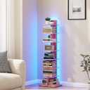 TUTOTAK Book Shelf, Narrow Spine Bookshelf, 8-Tier Bookcase with LED Lights | 10.4 x 13.4 x 47.5 Inches Vertical Freestanding Corner Shelf for Living Room, Office, Small Space, Pink BS06BP008L