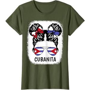 Cubanita Cuban Girl Hispanic Heritage Month Cuba Flag Women T-Shirt (Olive Green, M)
