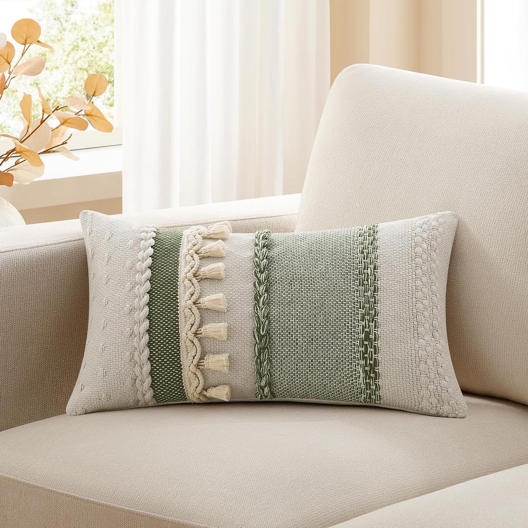 Kevin Textile 12x20 Inch Lumbar Throw Pillow Cover 1 Pack Boho Decorative Cotton Thread Woven Textured Tassel Rustic Farmhouse Rectangle Cushion Cover for Couch Sofa Chair Bed, Green