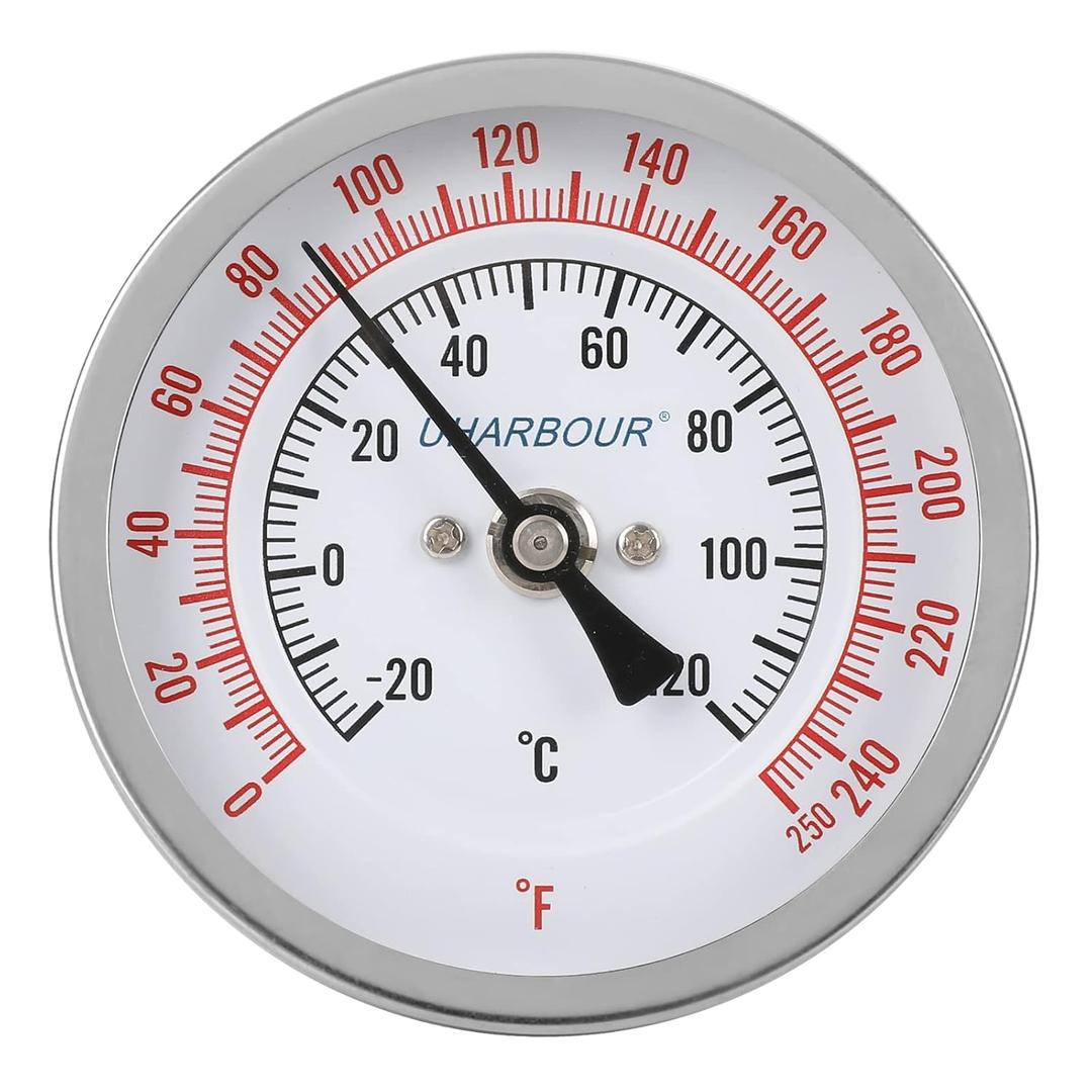 3" Dial Fully Stainless Steel Thermometer for Pot, Kettle, Brewing Bimetal, 2-1/2" Stainless Steel Stem, 0-250 deg F/-20-120 deg C, Accuracy +/-1%, Adjustable, 1/2" NPT Back Mount