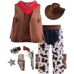 Cowboy Costume for Kids Cosplay Western Role Play Dress Up Halloween Costume Vest Pants Kerchief Hat (7-8Years)