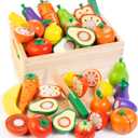 Wooden Play Food for Toddlers, Fruit and Veggies Cutting Set for Kids, Pretend Food Play Kitchen Accessories for 3 4 5 6 7 Years Old Boys & Girls