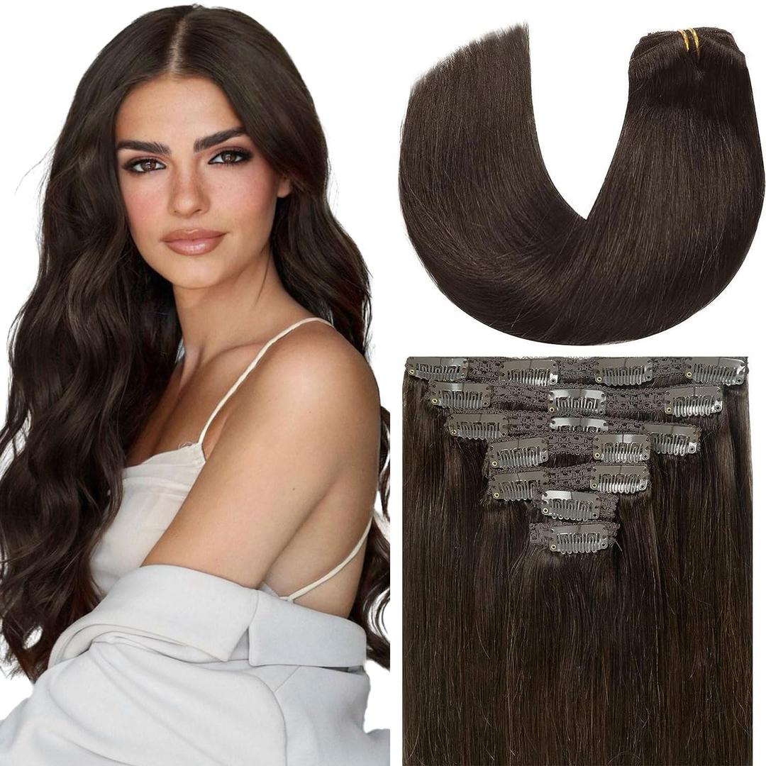 Loxxy 22 Inch Clip in Extensions - 100% Remy Real Human Hair - Big, Thick, Silky Straight Clip in Hair for Women - Color #2 - 140g - 7 pcs