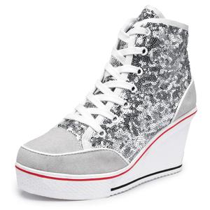 Jiu du Women's Glitter Sneakers Platform Wedge Sneaker Sparkly Sequin High Top Lace Up Sneakers Bling Wedding Dressy Tennis Shoes Silver Sequin Size US8 EU40