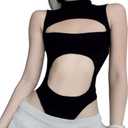 SINROYEE Sexy Hollow Out Women Bodysuit Summer Streetwear Outfit Gothic Jumpsuit T Shirt Short Sleeve Sleeveless (Size Large)