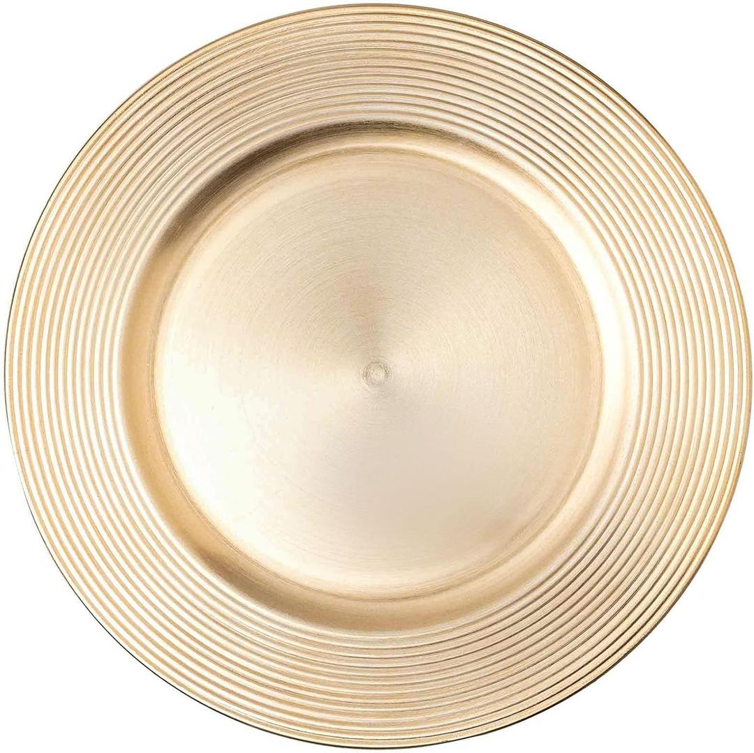 Simply Elegant Concentric Circles Edge Plastic Charger Plate | Service Plate for Parties, Dinner, Weddings, Quinceaneras and Events | 13 inch Diameter | Gold- Gloss Finish | Set of 6