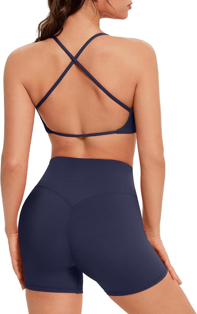 OMKAGI Workout Sets for Women Open Back Strappy Sports Bra Booty Biker Shorts Gym Outfits (Small, Navy Blue)