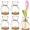 Bulb Glass Vases for Flowers Forcing Hyacinth Clear Decorative Bulb Vase with Round Bamboo Coaster for Home Office Table Decoration(4 Pcs)