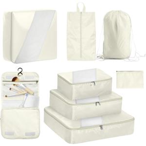 WVM Packing Cubes for Travel, 8-Piece Luggage Organizer Set with Shoe Bag, Toiletry Bag & Laundry Bag, Beige