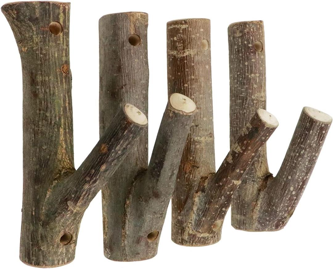4Pcs Real Wood Tree Branch Wall Hook, Farmhouse Rustic Decorative Wooden with Bark Trunk Thickness 2cm-3cm with Screw