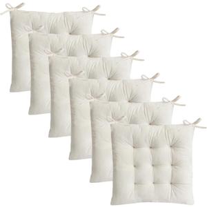 6 Pack Square Seat Cushion Chair Pads for Kitchen Dining Chairs, Soft Comfort Velvet Chair Mat Pillow Cushions with Ties for Office Desk Living Room Tatami 15.5", Ivory