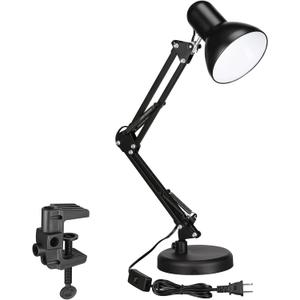 Metal Desk Lamp, Adjustable Swing Arm, E26, Black | Architect Gooseneck Multi-Joint Clip Table Lamp with Plastic Clamp, for Home Office, Work, Study, Reading, Bulbs not Included