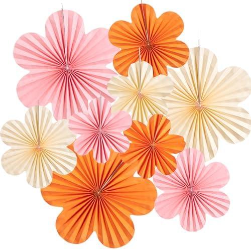 Paper Flowers Decorations for Wall Orange Paper Fans Classroom Decoration Paper Floral Backdrop Decor Paper Fans Decoration Hanging Paper Fans Pink Flower Wall Decor, Set of 9