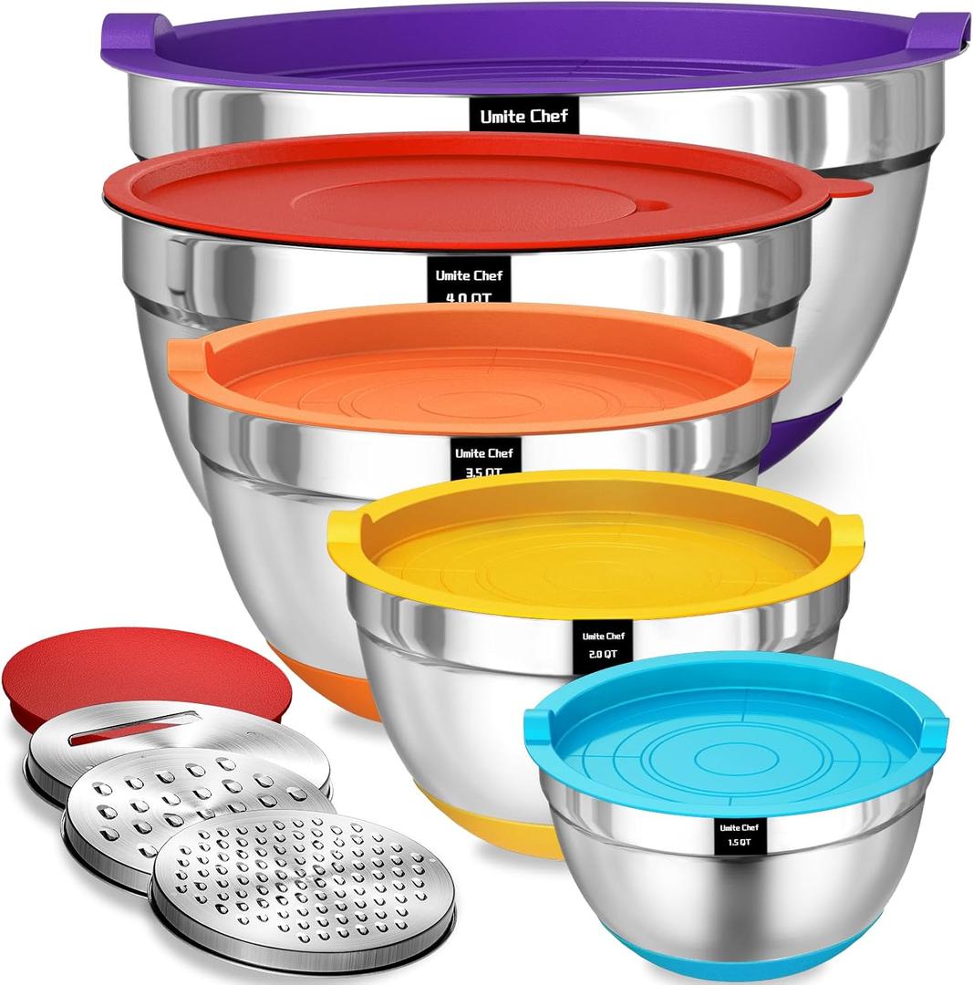 Umite Chef Mixing Bowls with Airtight Lids Set, 8PCS Stainless Steel Nesting Bowls Set, 3 Grater Attachments & Non-Slip Bottoms, Size 5, 4, 3.5, 2, 1.5QT for Baking & Mixing