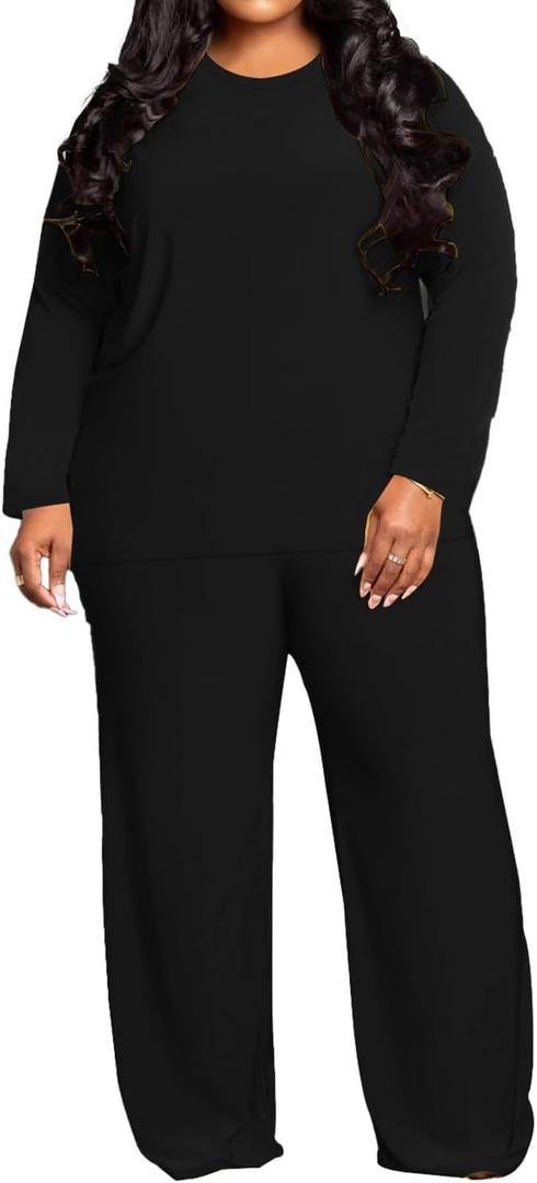 TOPSRANI Womens Plus Size Lounge Set Crewneck 2 Piece Outfits Sweatsuits Tracksuit Long Sleeve Baggy Wide Leg Pant Sets with Pockets (Black 5XL)