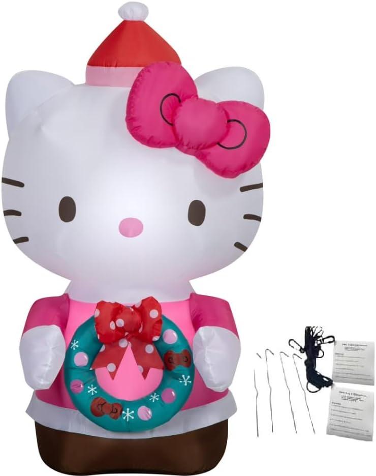 Christmas Inflatable Hello Kitty in Pink Dress Sanrio 4.5 Foot Air-Blown Inflatable Blow Up - Comes with Tether Stakes, Rope, Power Supply and a Repair Patch