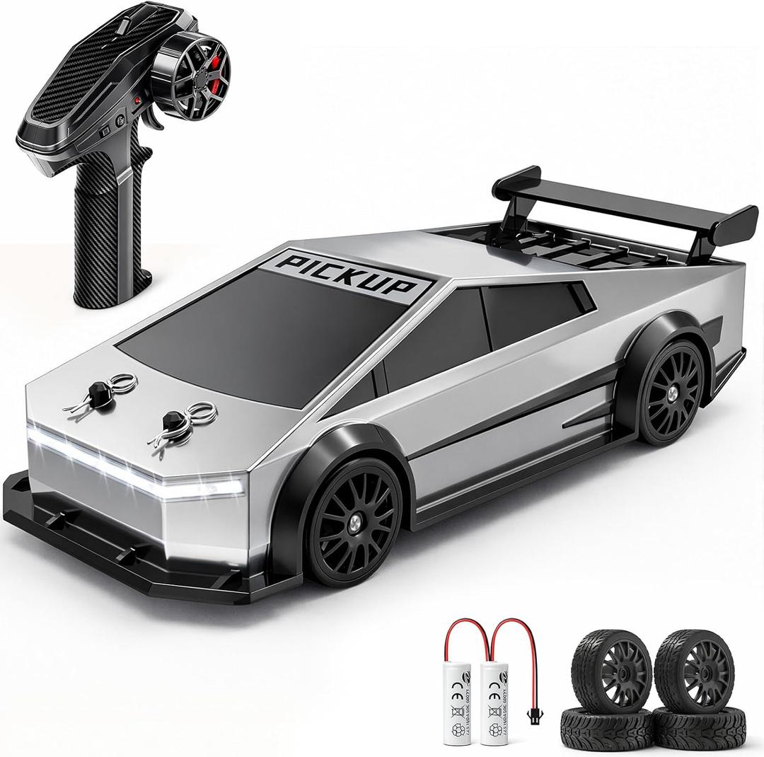 RC Drift Car, 1:24 4WD Futuristic Pickup Remote Control Car, High/Low Speed, 2 Sets of Drift & Off-Road Tires, 2.4GHz LED Toy Car, 2 Batteries, Gift for Boys Girls 6-16