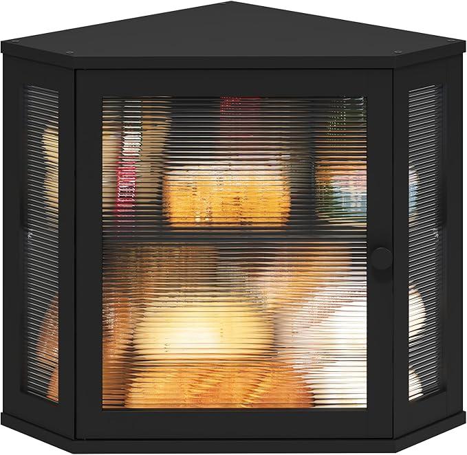 viewcare Corner Bread Box for Kitchen Counter, Bamboo Wood Black Bread Box, Large Capacity Bread Storage Bin with Acrylic Wavy Door Panel (Black, Meduim)