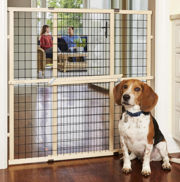 MYPET Wire Mesh Dog Gate: 29.5"-40" Wide, Pressure Mounted with No Tools; Expandable, Durable Pet Gates for Doors and Hallways, 37" Tall, Made with Sustainable Hardwood
