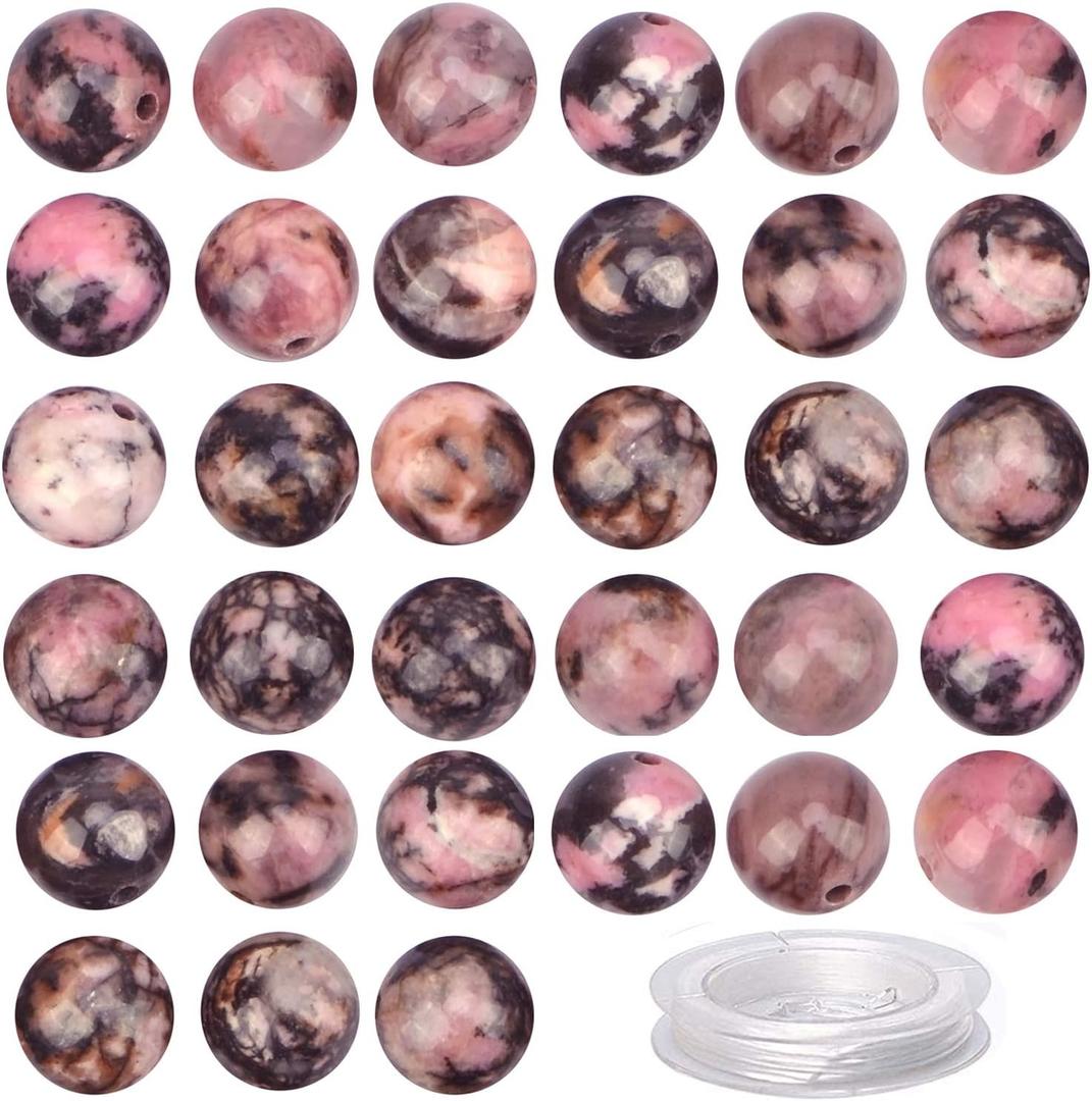 100PCS Gorgeous Black Stripe Rhodonite Natural Gemstone Loose Beads 8mm Smooth Round DIY Bracelet Necklace for Jewelry Making (Pink Black Rhodonite, 8MM) (8MM, Pink Black Rhodonite)