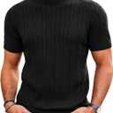 Runcati Mens Knit Short Sleeve T Shirts Casual Crewneck Slim Fit Shirt Cable Knitted Stretch Pullover Tees (Medium, Black)