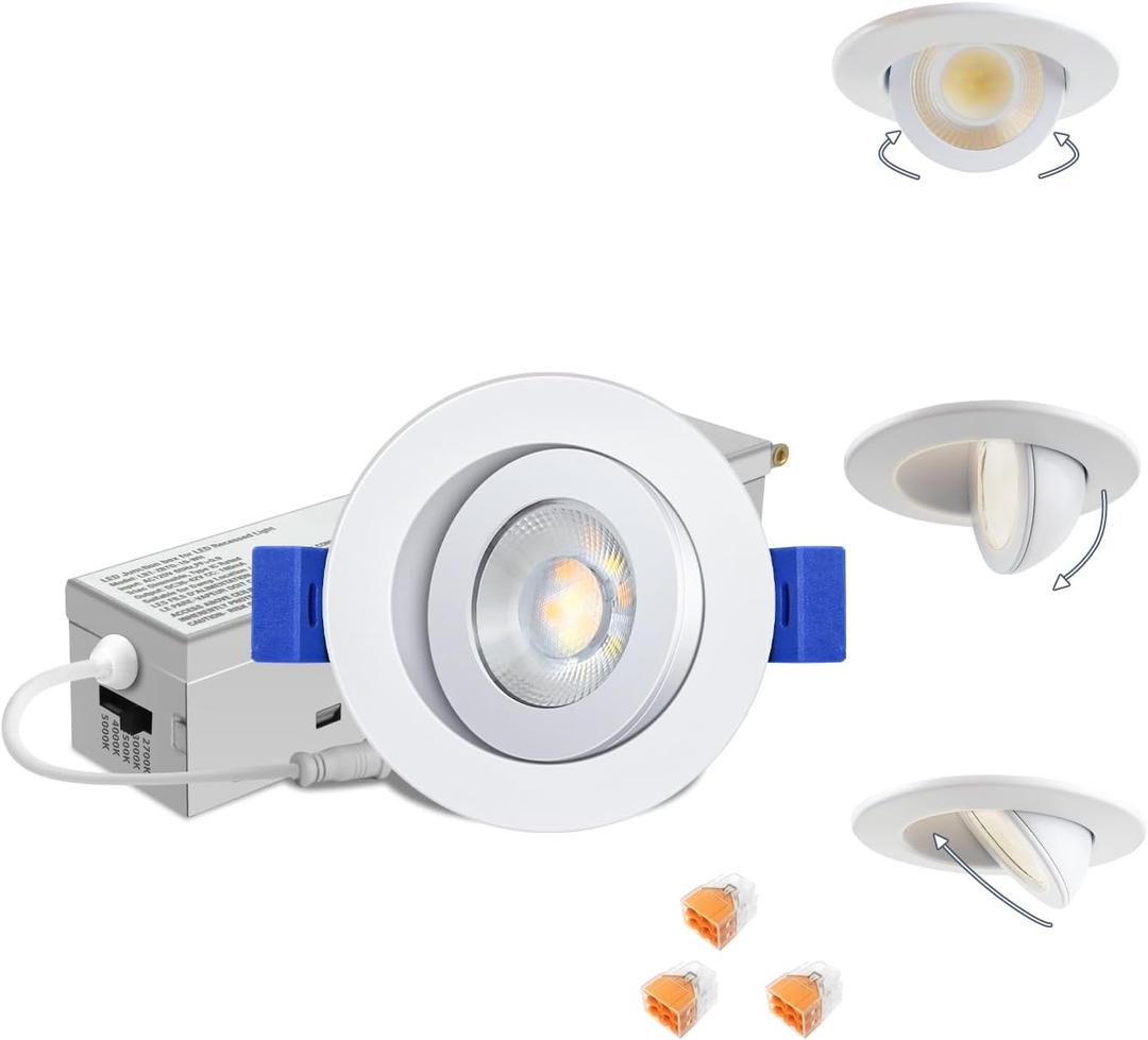 2 Inch 5CCT Gimbal LED Recessed Lights, 360+90 Adjustable Directional Recessed Lighting with Jbox, 2700K-5000K Selectable, Dimmable Eyeball Canless Lights, 5W 550LM, ETL (White, 1 Pack)