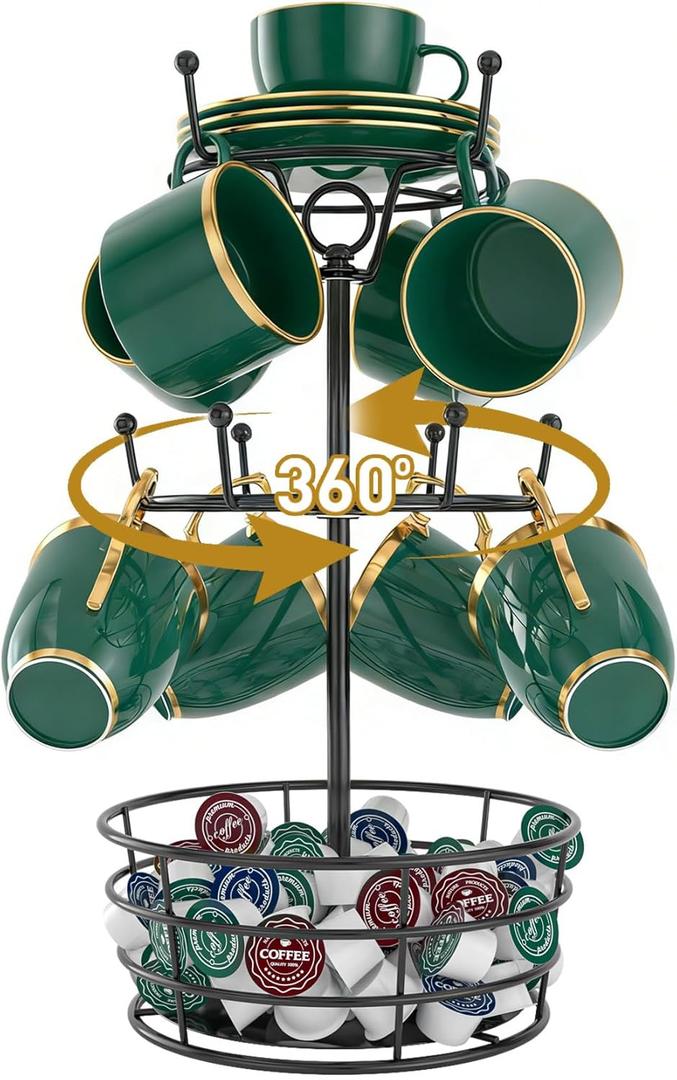 Mug Holder Tree, Coffee Cup Holder for Countertop, 360 Rotating Metal Coffee Mug Rack with 10 Hooks, 3 Tier Cup Rack Bar Station Organizer, Kitchen Counter Decor