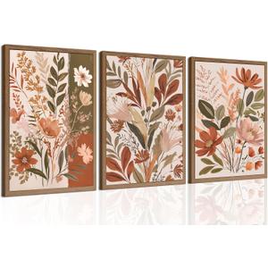 zxcvbn888 3Pcs Boho Floral Wall Art Vintage Botanical Canvas Pictures Nature Flower Posters Earth Tone Painting Bouquet Prints Wall Decor for Bathroom Bedroom Living Room Office Unframed