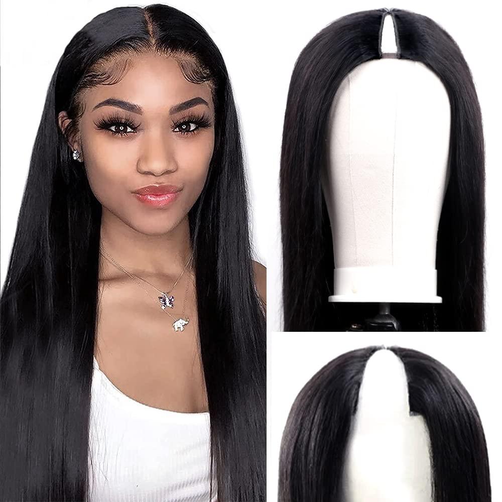V Part Wigs Straight Brazilian Virgin Human Hair Wigs for Black Women Upgrade U Part Wigs Glueless Full Head Clip In Half Wig V Shape Wigs No Leave Out Lace Front Wigs 180% Density Natural