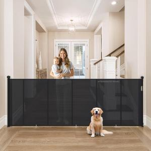Upgrade Retractable Baby Gates Extra Wide (120" W x 42" H), 120 inch Reinforced Retractable Dog Gate to Prevent Crawling Through, Retractable Gate Outdoor/Indoor, Real One-Handed Operation, Black