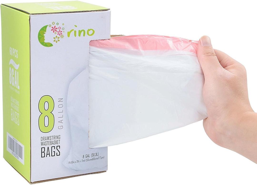 Orino Ultra Strong Garbage Bags 8 Gallon Trash Can Liners for Kitchen and Office Unscented White Drawstring Trash Bags, 60 Count 0.74 mil 22" x 24"