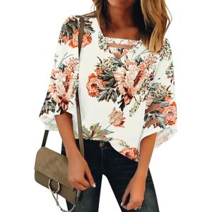 luvamia Women Casual Strappy V Neck Blouse 3/4 Bell Sleeve Mesh Panel Shirts Top (White)